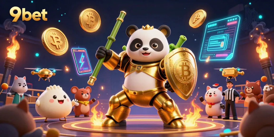 Engage in exciting 9bet gaming with a lively crypto-themed 3D casino arena illustration.