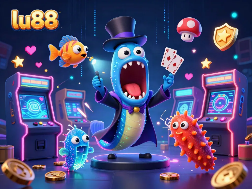 Experience thrilling gameplay at lu88 with vibrant casino elements and engaging characters in a cartoon scene.
