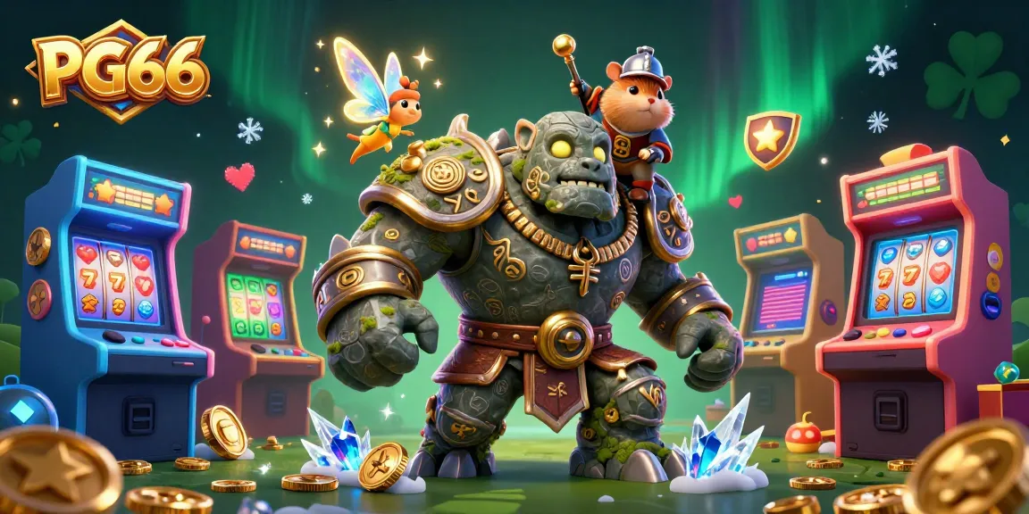 Experience the excitement of PG66 with a magical golem, fairy, and hamster knight amid vibrant casino elements.
