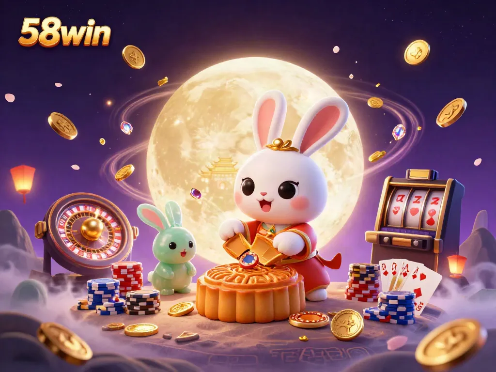 Experience thrilling poker action with the enchanting 58win moon rabbit in a vibrant 3D casino scene.