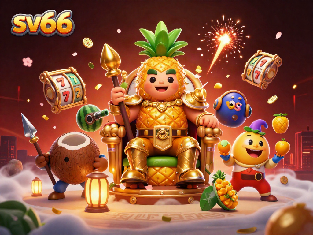 sv66 showcases a vibrant casino scene with a golden pineapple king and dynamic gaming elements.