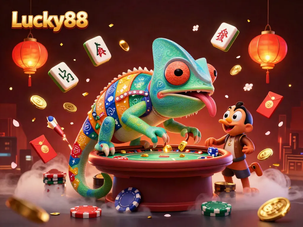 Experience the dynamic world of Lucky88 with vibrant visuals featuring a chameleon casino owner, mahjong tiles, and festive decorations.