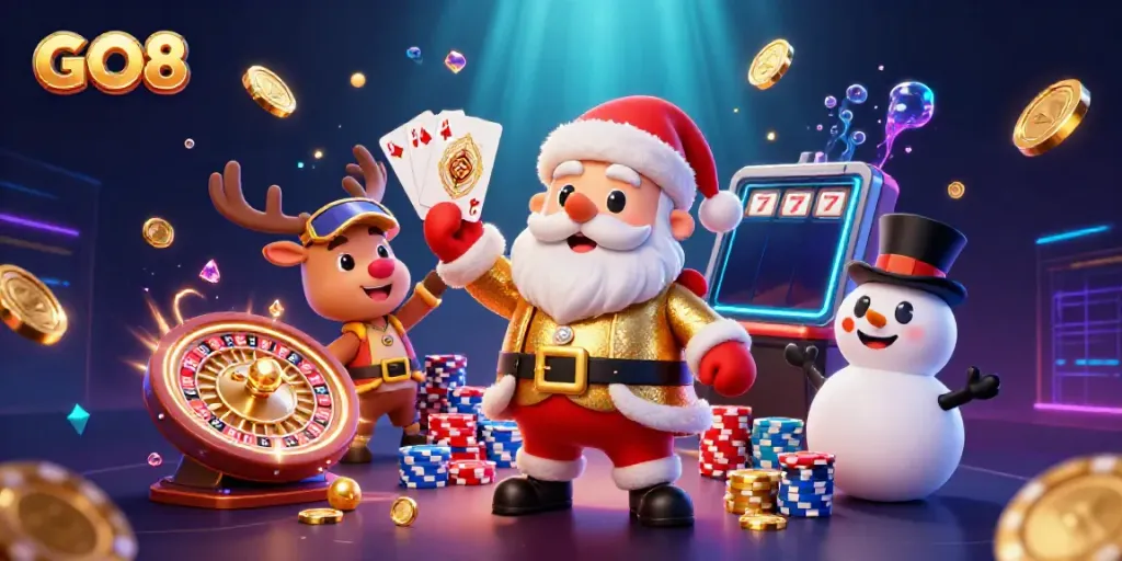 GO8 festive illustration with Santa and friends in a vibrant casino setting, celebrating winning moments