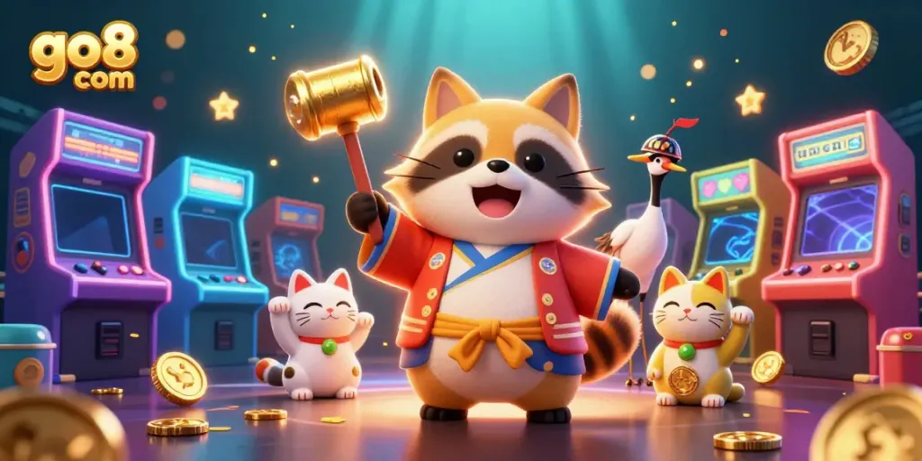 Engage with vibrant gaming at go8 com with cheerful tanuki, samurai crane, and lucky fortune cats.