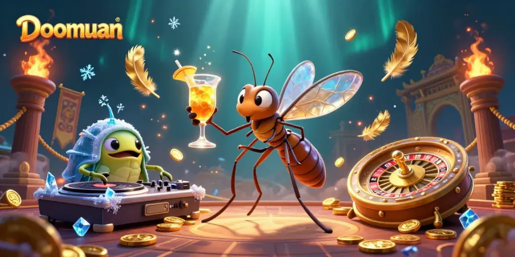 Doomuan casino illustration featuring a frozen mosquito mascot, trilobite DJ, and ammonite roulette.
