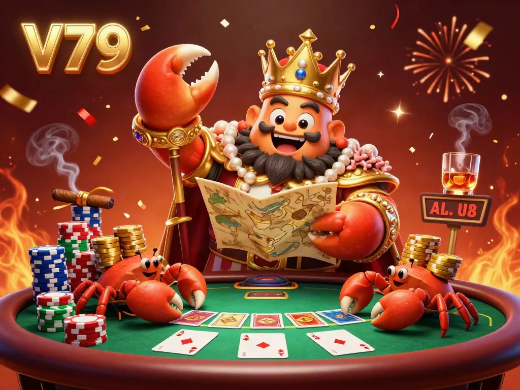 Engage with the royal crab emperor at V79 enjoying a thrilling poker game with vibrant action.