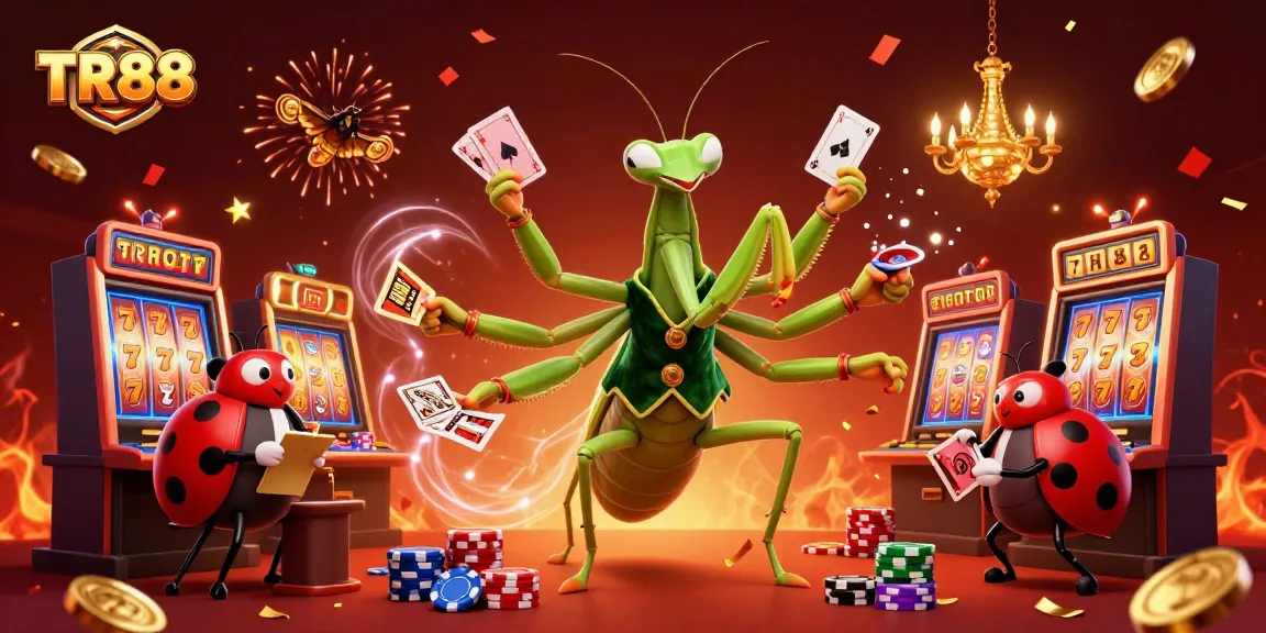 Experience the excitement of TR88 as the giant praying mantis card sharp and ladybug pit boss deal winning hands in a vibrant casino!