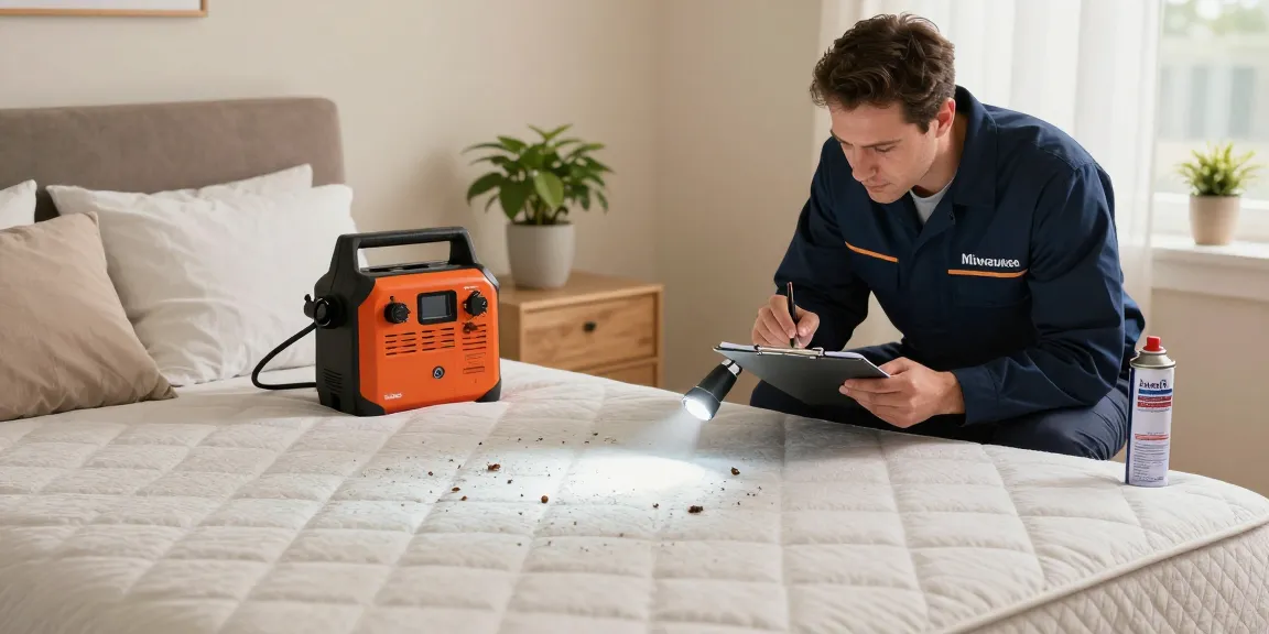 Professional bed bug pest control in Milwaukee, exterminator inspecting bed for bugs with tools in a clean, inviting bedroom setting.