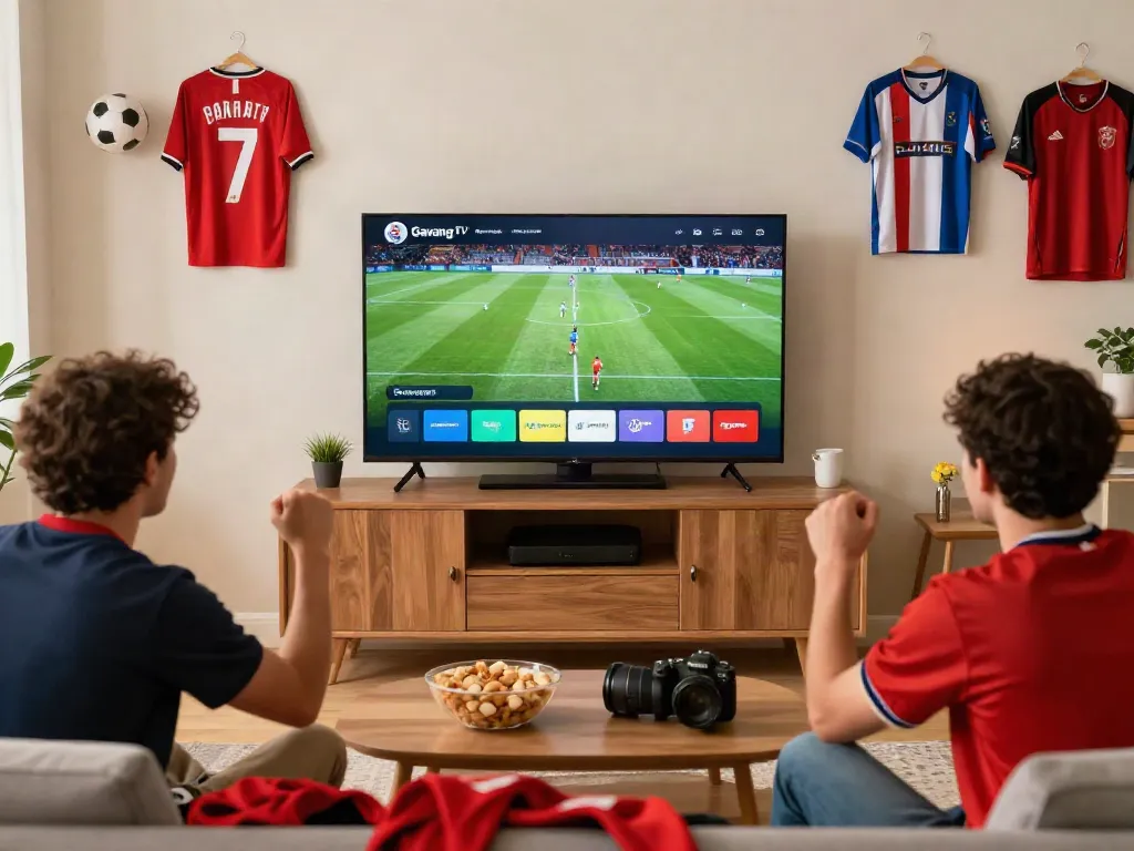 Football fan enjoying a live match on Gavangtv with friends in a cozy living room.