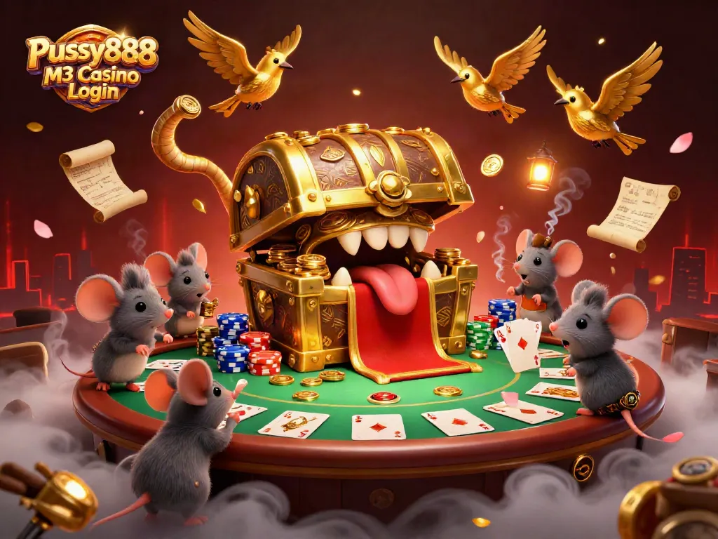 Pussy888 M3 Casino Login offers an engaging scene with adventurous mice and golden treasures, ideal for gaming.