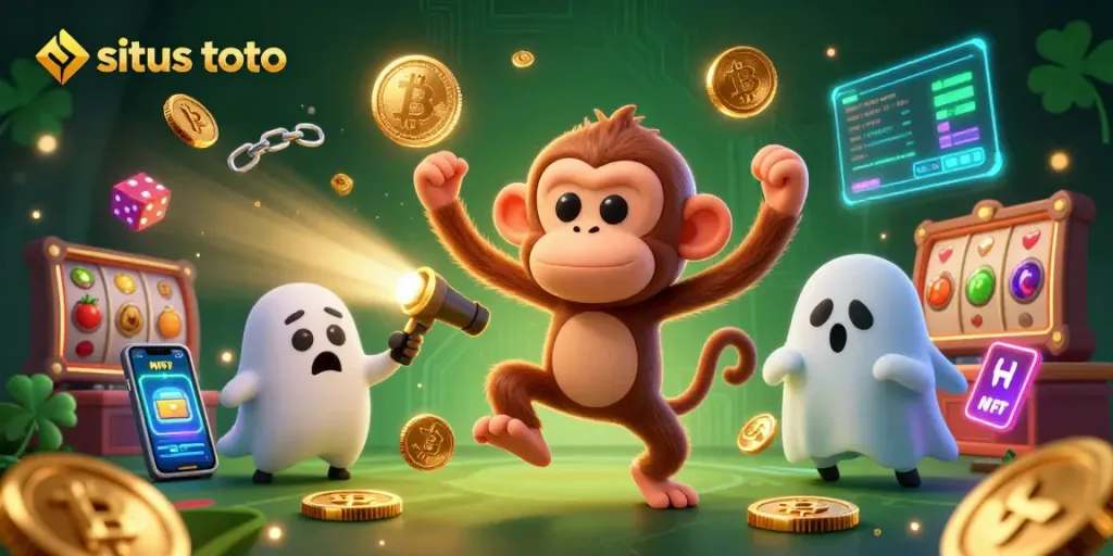 Engage with situs toto through a thrilling casino scene featuring a mischievous monkey and ghost-hunter puppy.