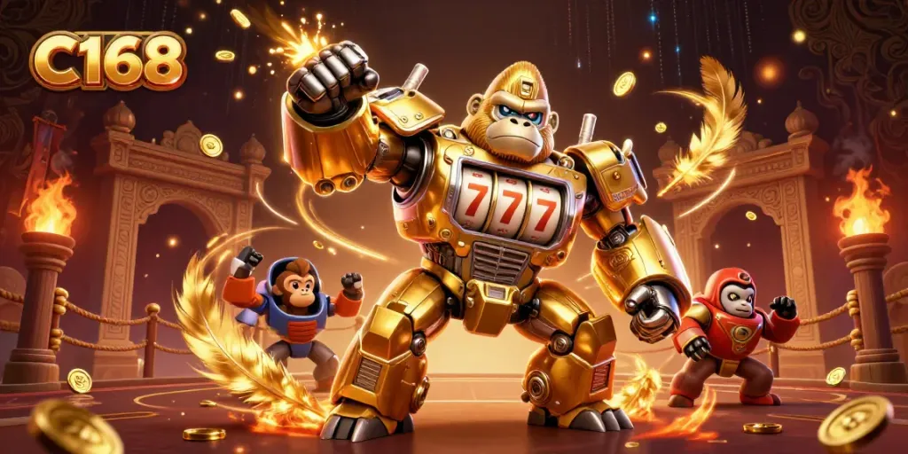 C168 gaming illustration featuring a golden mech gorilla with slot machine elements, dynamic casino scene