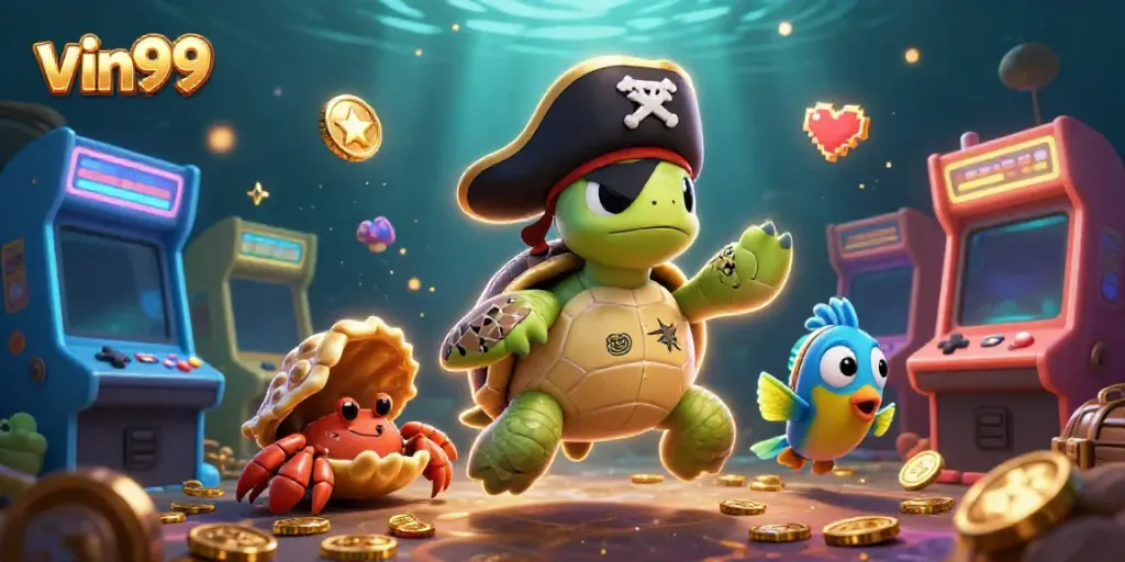 Experience thrilling gaming at vin99 with a pirate turtle and treasure in this dynamic casino scene.