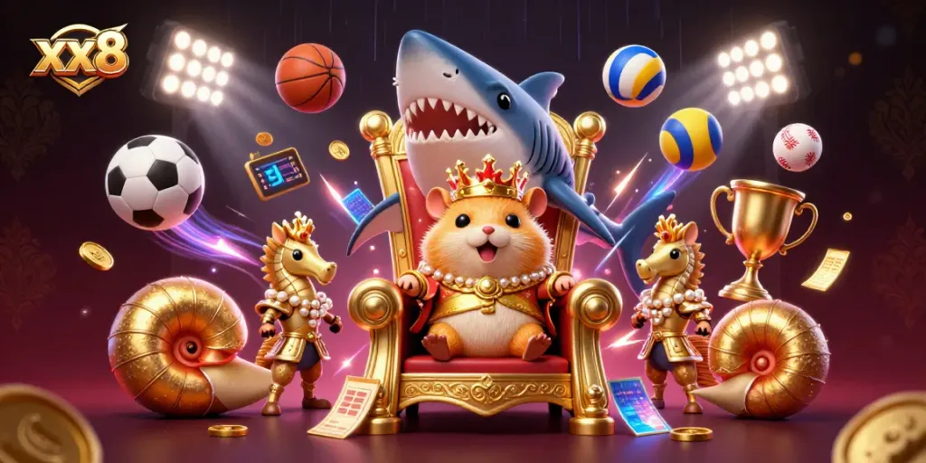Experience thrilling gameplay with the vibrant xx8 illustration showcasing a golden hamster king and sports elements.