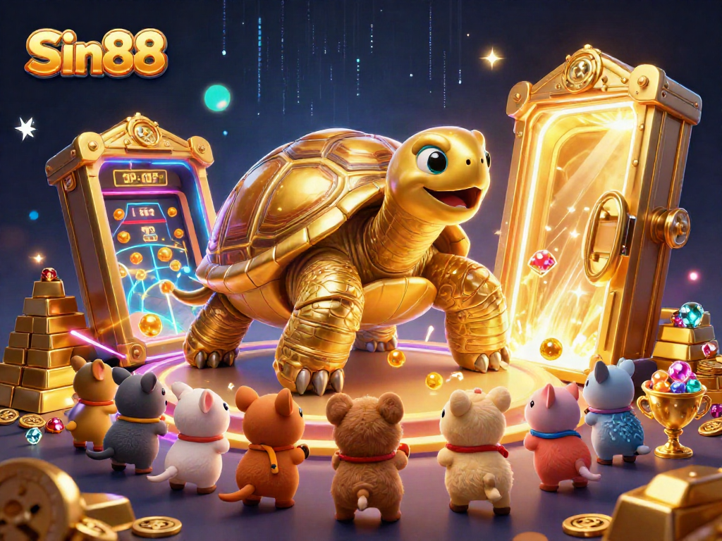 Experience the excitement of Sin88 casino gaming with dynamic characters and vibrant gold elements.