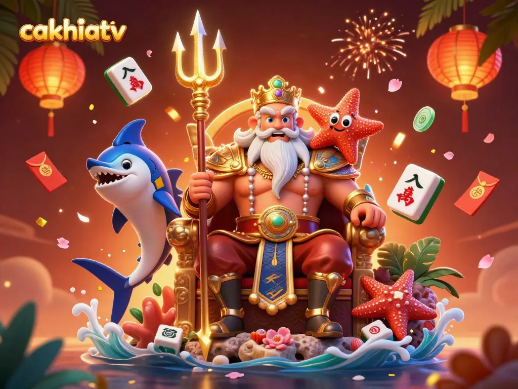 Experience the excitement of cakhiatv with a vibrant depiction of Neptune and casino elements.