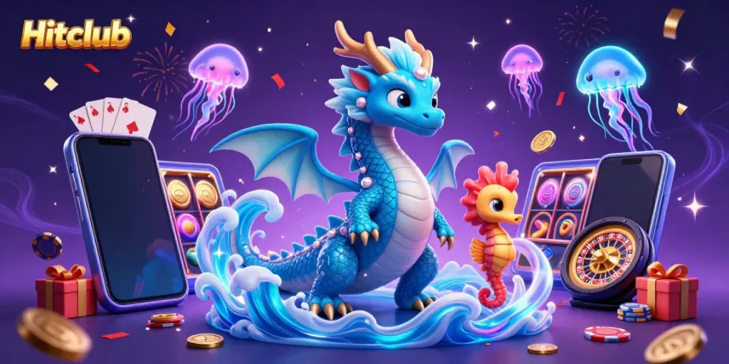 Engage with Hitclub as an azure water dragon, seahorse knight, and glowing jellyfish celebrate thrilling online games.