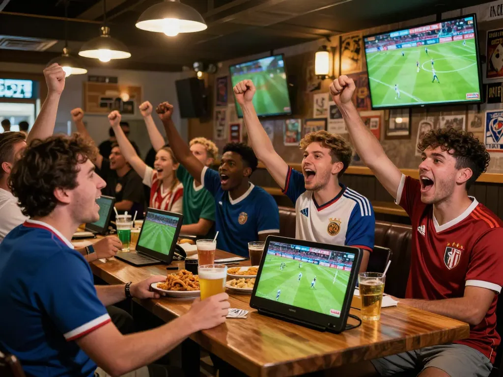 Fans enjoying a match at a sports bar, celebrating Xoilactv's live football broadcasts.