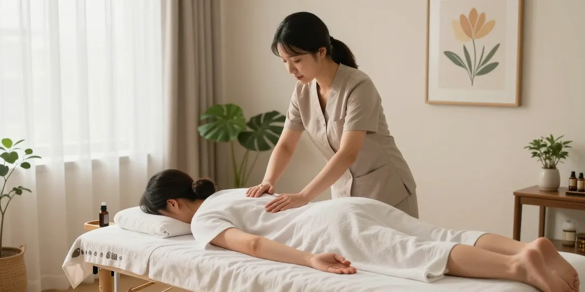 Korean massage therapist providing 김포출장마사지 in a tranquil home environment with soothing ambiance.