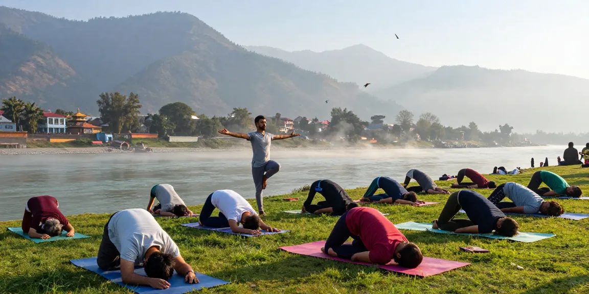 Yoga teacher training course in Rishikesh, tranquil morning session by the Ganges with diverse students practicing under a serene atmosphere.