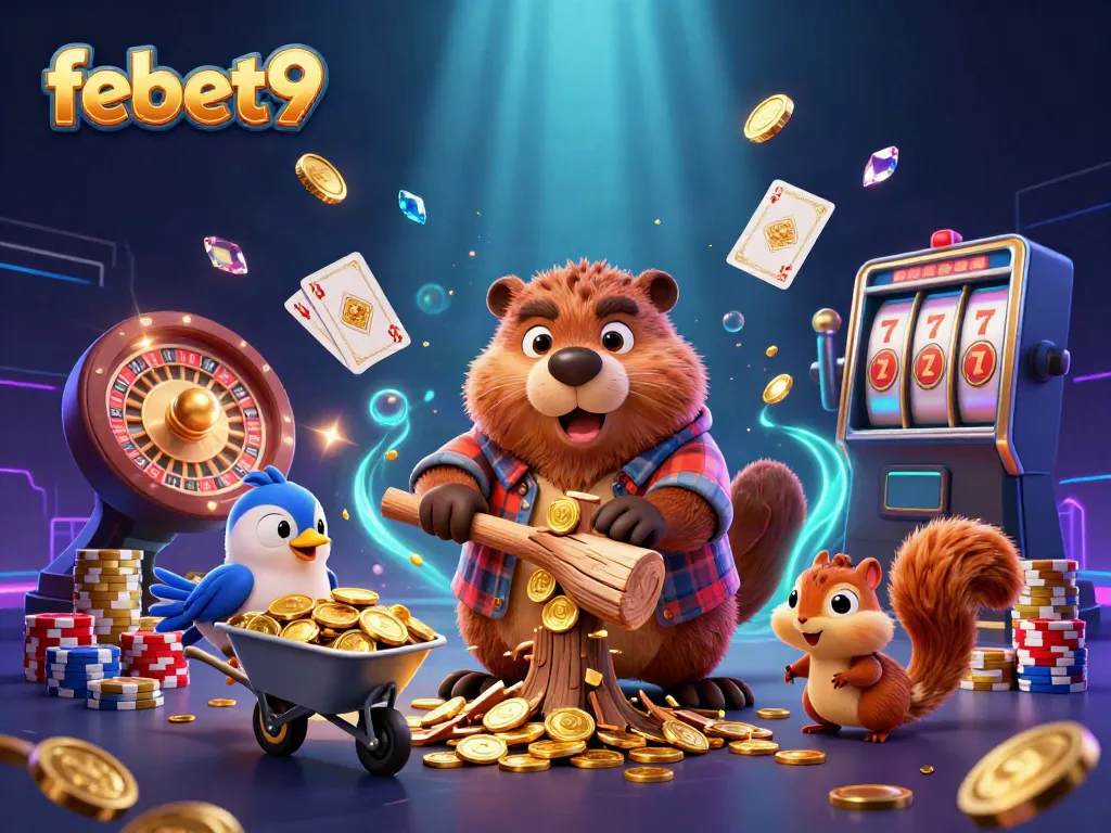 Experience excitement at febet9 with a beaver character collecting golden coins in a vibrant casino scene.