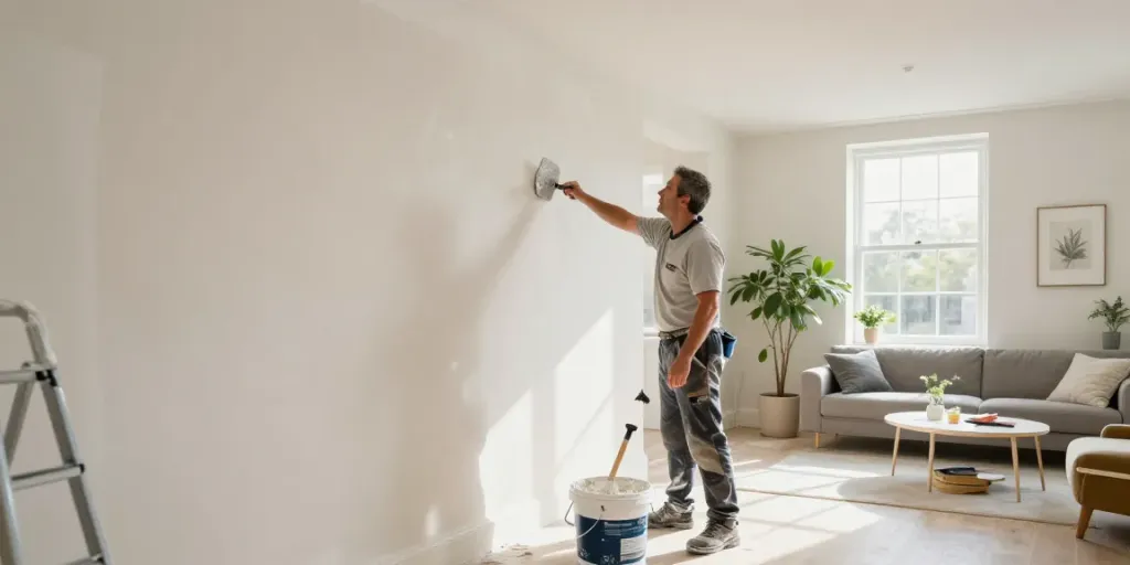 Professional plastering service in London applying smooth finishes to walls, showcasing skilled craftsmanship and home improvement.