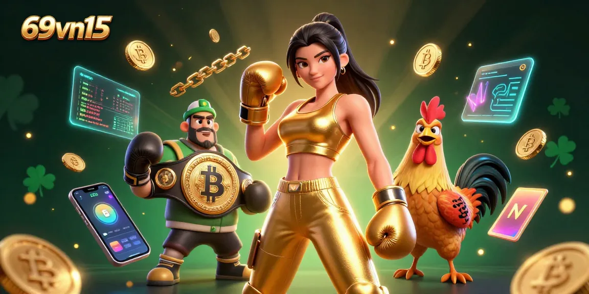 Experience the thrill of 69vn15 with a dynamic 3D casino illustration featuring a glamorous champion and crypto elements.