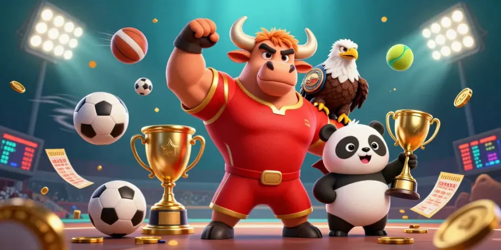 Engage with 8xbet's vibrant casino experience featuring interactive characters, trophies, and dynamic game elements.