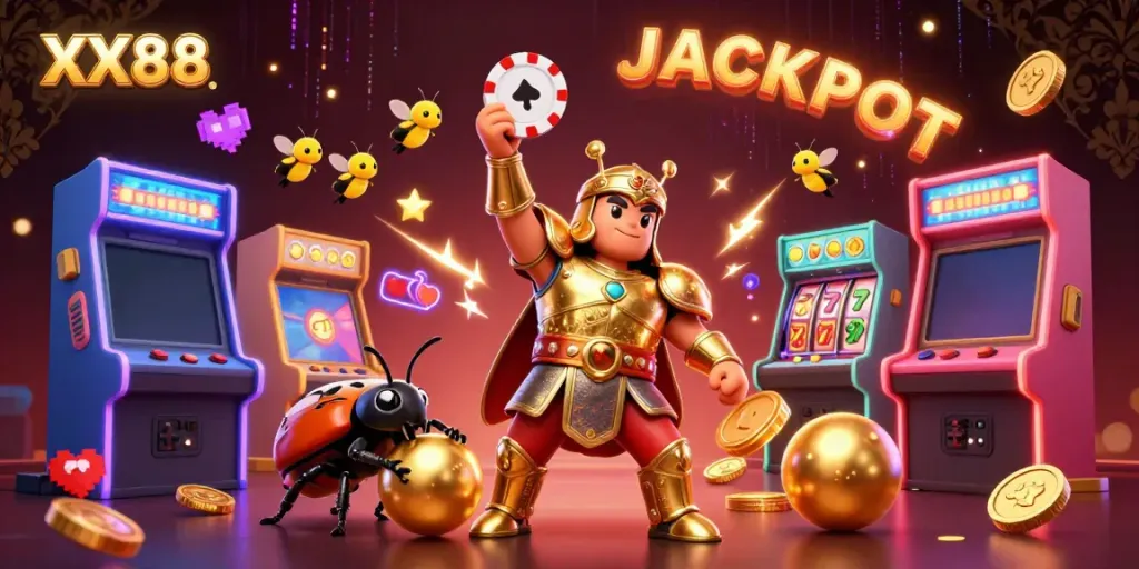 Join a heroic hercules beetle in gladiator armor celebrating a big win at XX88 Casino with colorful games and glowing lights.