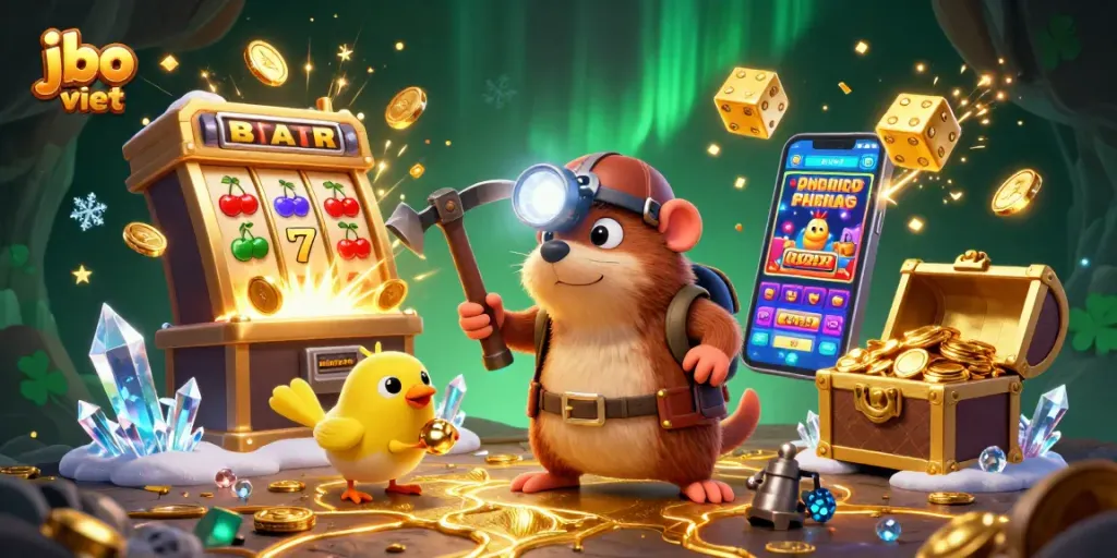 Play exciting games at jbo viet, featuring treasure hunters, jackpots, and glowing gems.