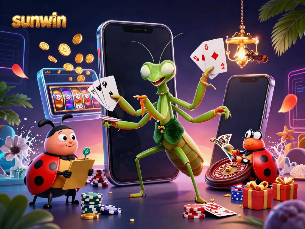 Experience sunwin casino with a dynamic scene featuring engaging characters and vibrant gambling elements.