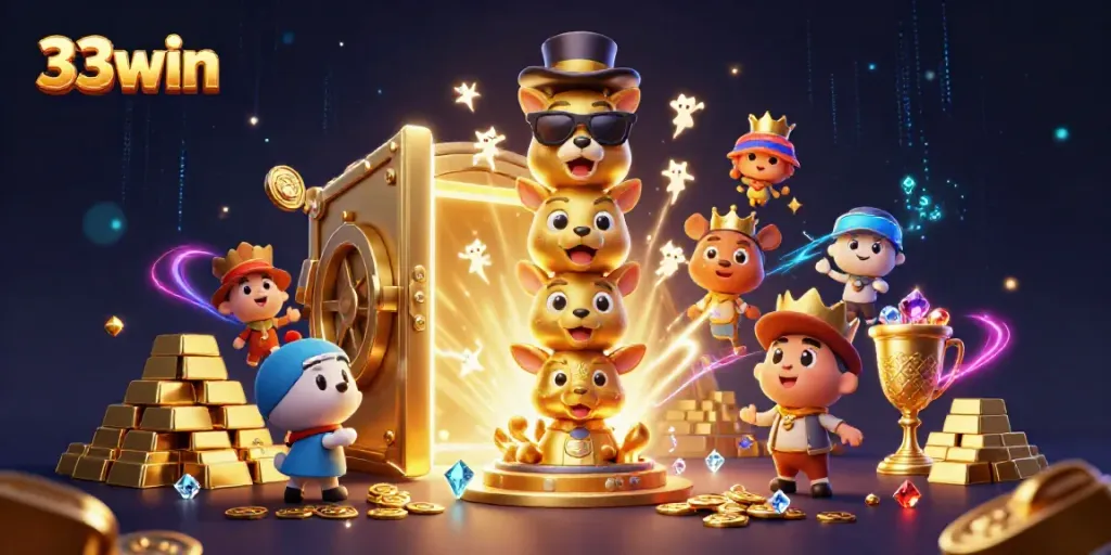 Experience the thrill of 33win with vibrant casino elements in a dynamic 3D illustration.