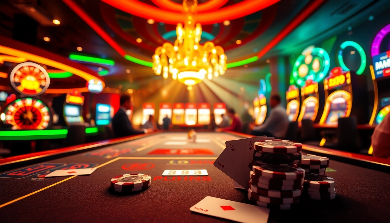Trải nghiệm cảm giác chiến thắng tại LUCK8 trong một casino sang trọng với các yếu tố trò chơi đầy màu sắc.