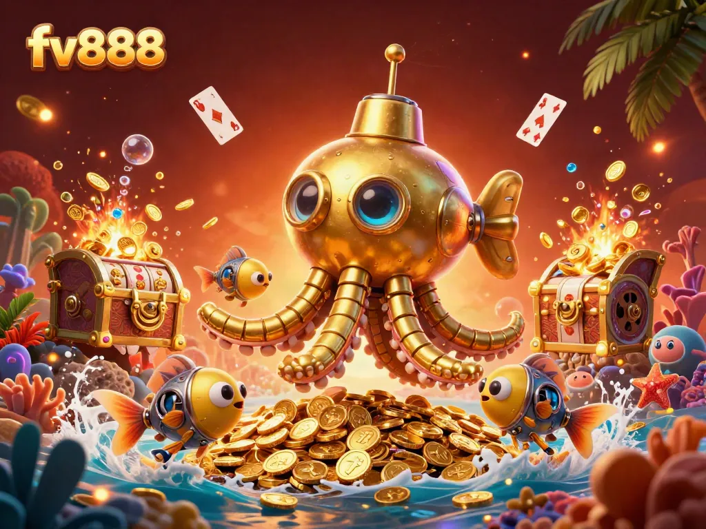 Engage in exciting gameplay at fv888, featuring a golden kraken submarine and dynamic slot game elements.