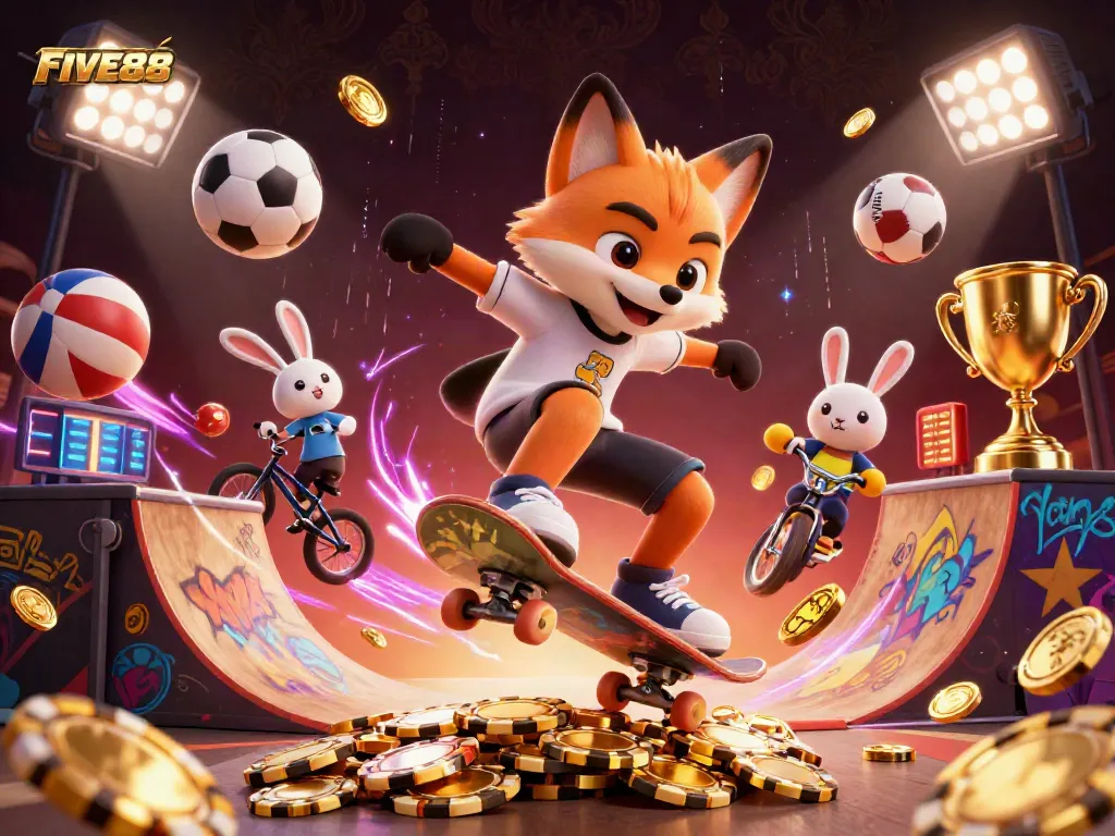 FIVE88 showcases thrilling gambling moments with a skateboarder fox and BMX rabbit in dynamic casino scenes.