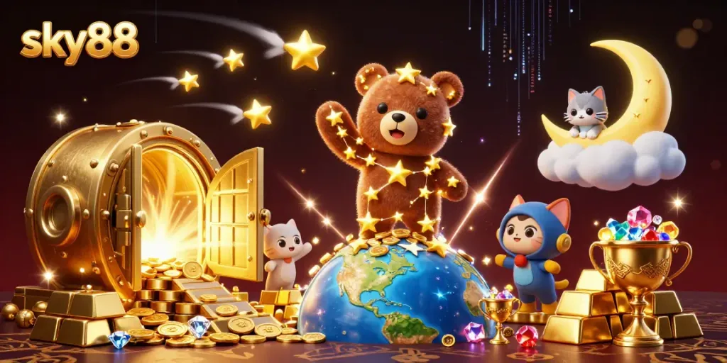 sky88 engages players with a vibrant casino scene showcasing treasure and cartoon characters.