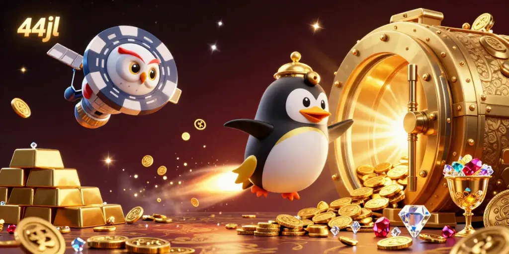 Experience excitement with 44jl as a golden penguin navigates a vibrant casino cosmos.