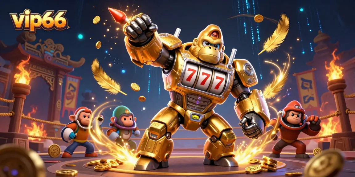Unleash exciting gameplay at vip66 with a vibrant casino illustration featuring a golden gorilla mech.