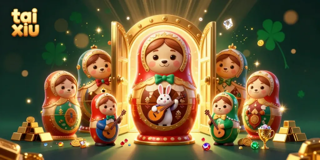 Experience the thrill of tai xiu with vibrant 3D casino characters and golden treasures.