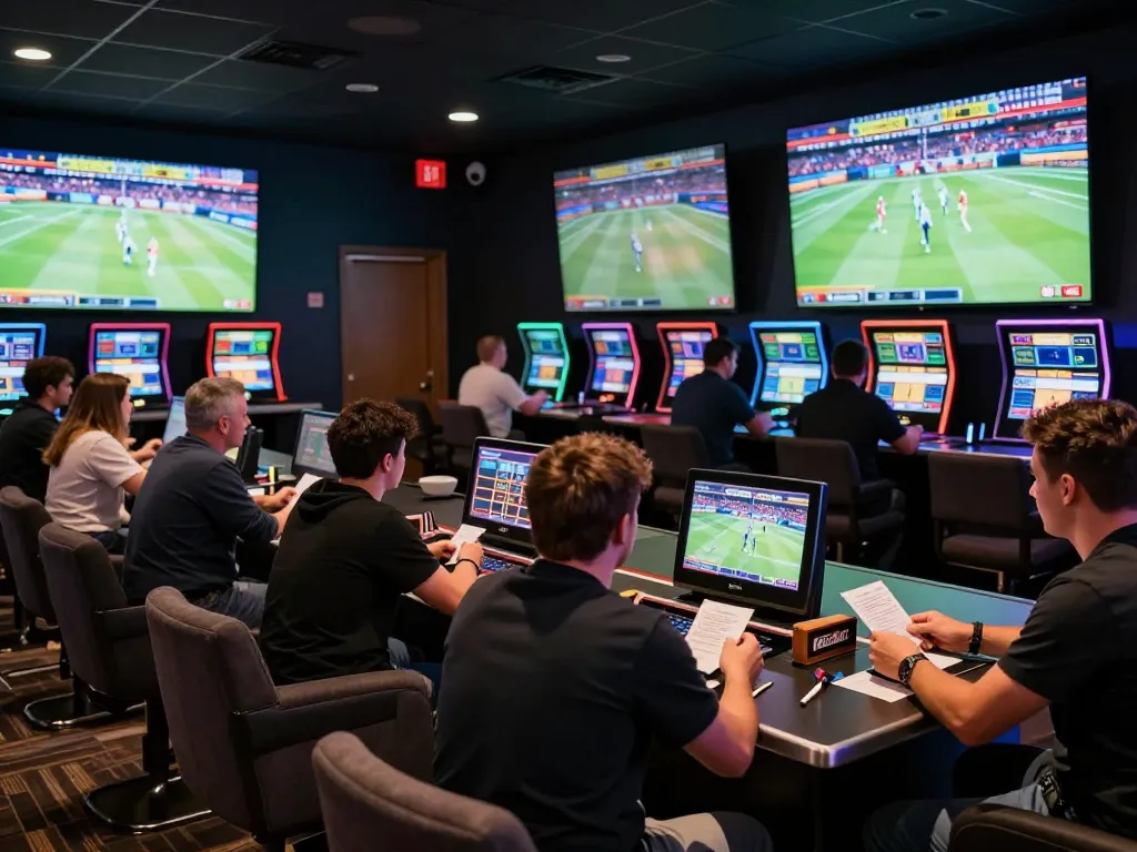 Luck8 sports betting lounge bustling with enthusiastic bettors and live game displays.
