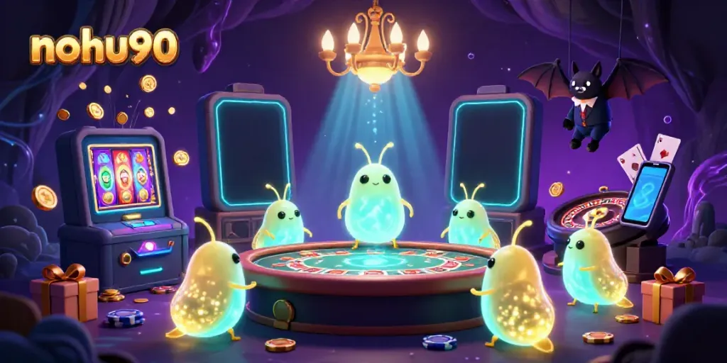 Experience thrilling gameplay with nohu90 in a colorful 3D casino scene full of exciting slot games and a whimsical bat dealer.