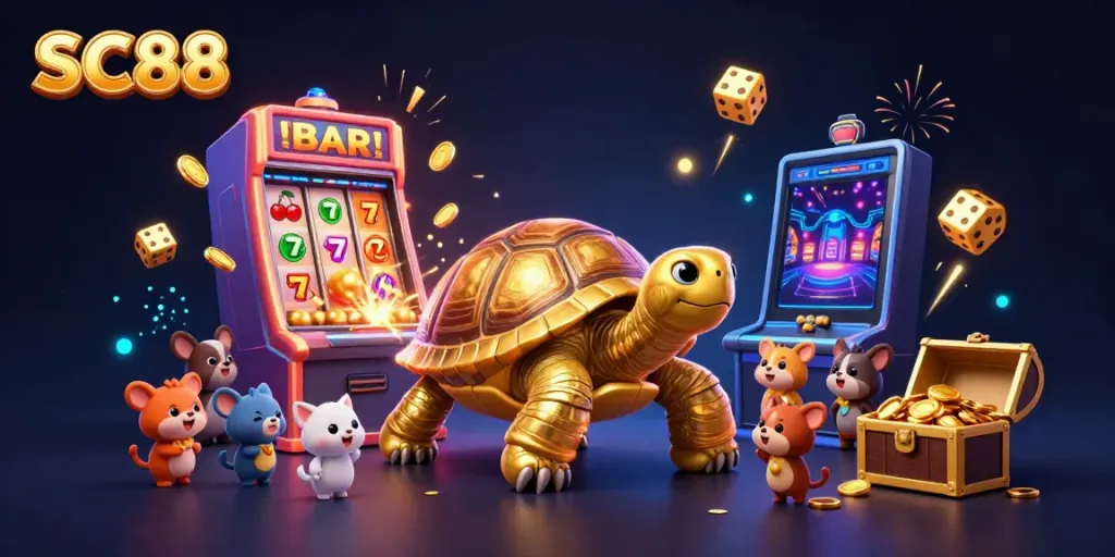 Engage with the SC88 casino experience featuring lively golden tortoises in a pinball world with iconic slot symbols, dynamic atmosphere.