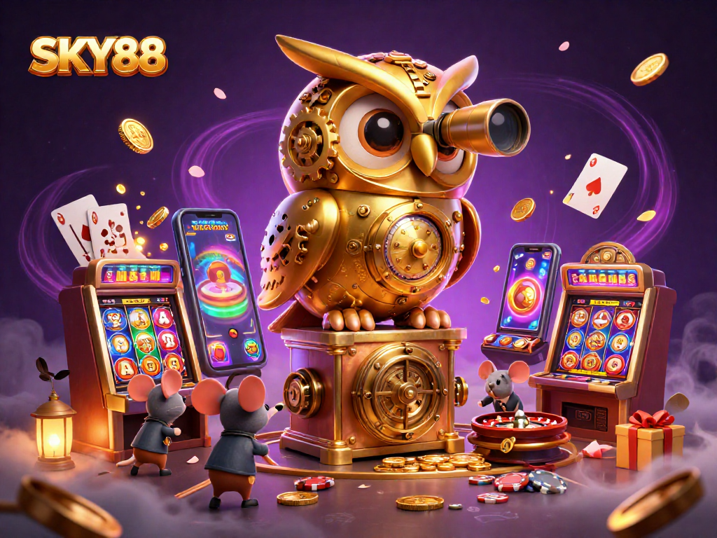 SKY88 reveals a vibrant casino scene with animated characters and dynamic gaming elements.