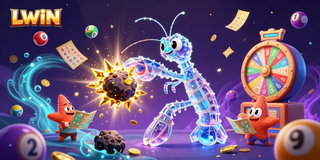 LLWIN showcases an exciting, dynamic scene where a cartoon mantis shrimp battles for casino treasures.