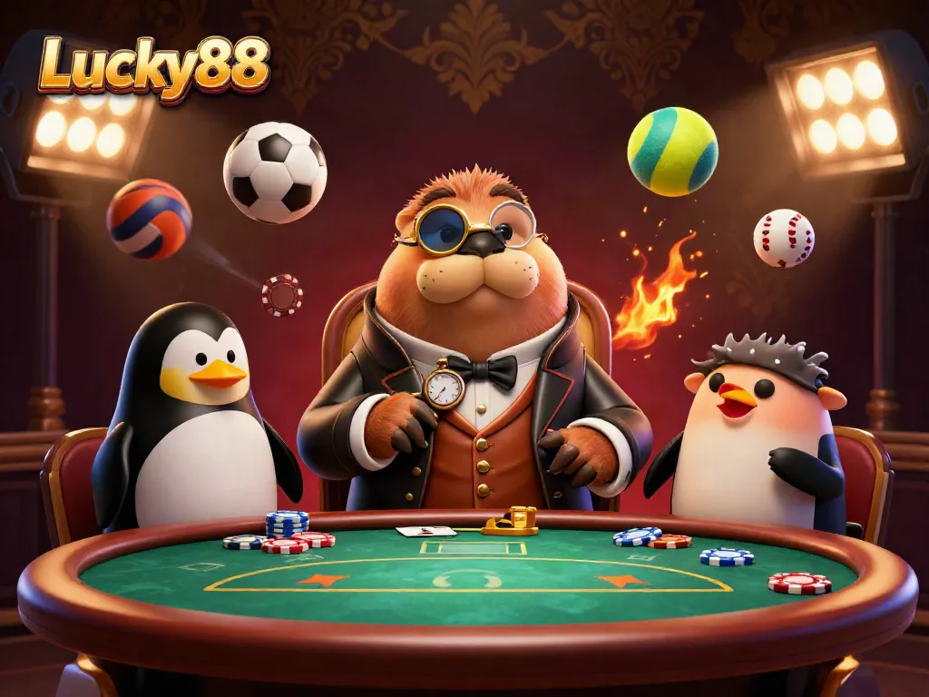 Join the lively underwater poker scene with Lucky88 featuring a walrus, penguin dealer, and pufferfish in action.