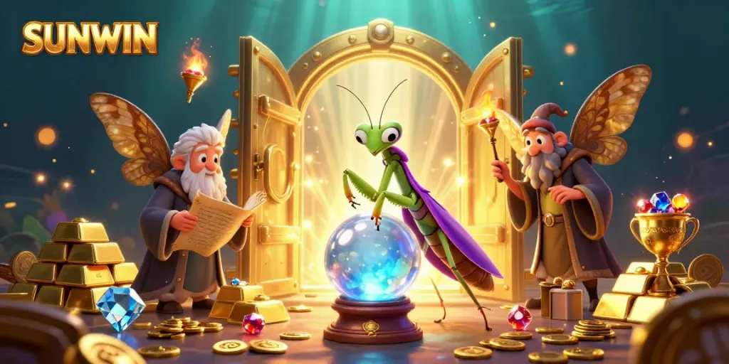 Experience fortune with SUNWIN in a mystical 3D illustration of gaming treasures.