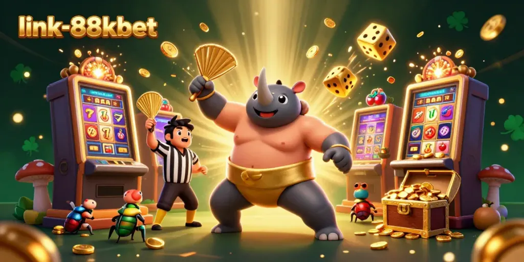 Experience thrilling moments at link-88kbet as a sumo beetle champion stomps golden coins in this lively casino scene.