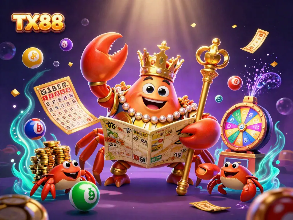 Engage in vibrant TX88 gambling with a golden crab emperor and lottery elements in a dynamic underwater setting.
