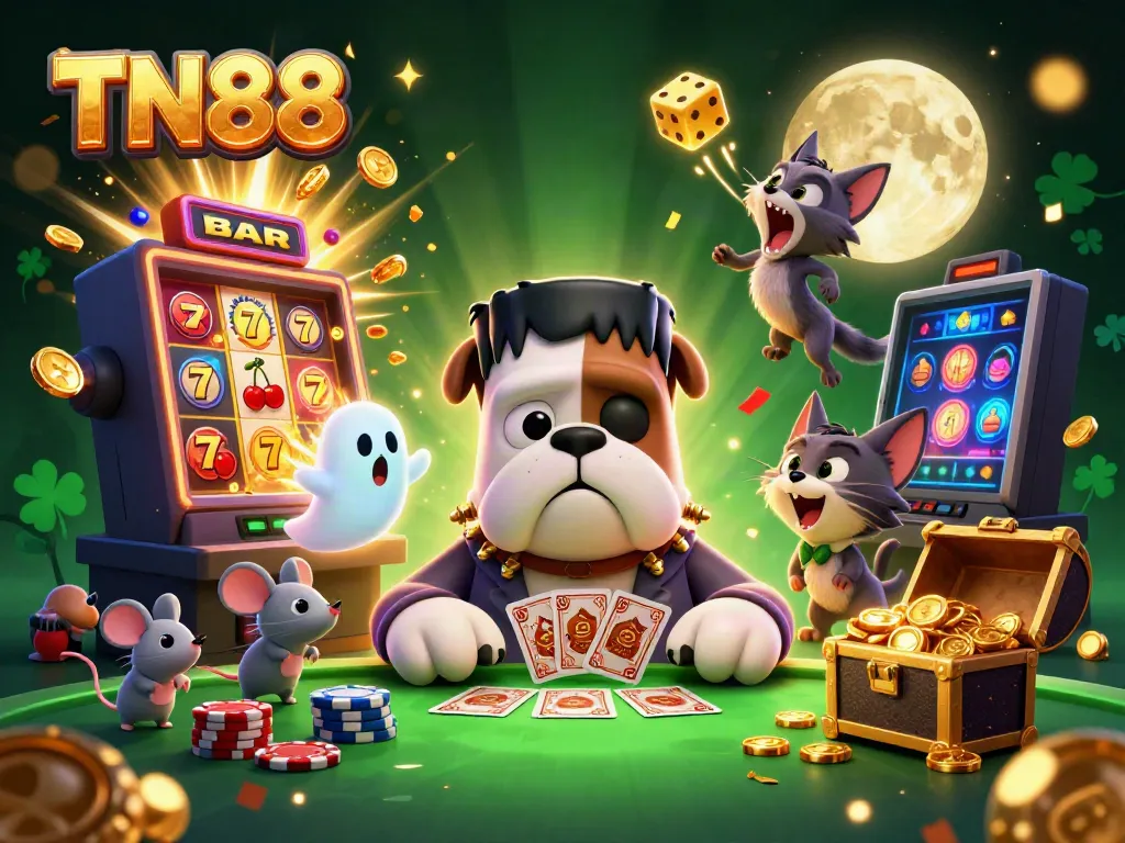 Delight in the TN88-themed casino scene with a bulldog dealer and whimsical characters amidst jackpot excitement.