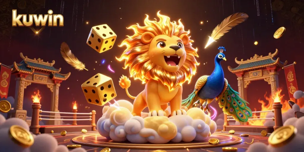 Engage with kuwin's vibrant casino scene featuring a roaring lion and golden dice.